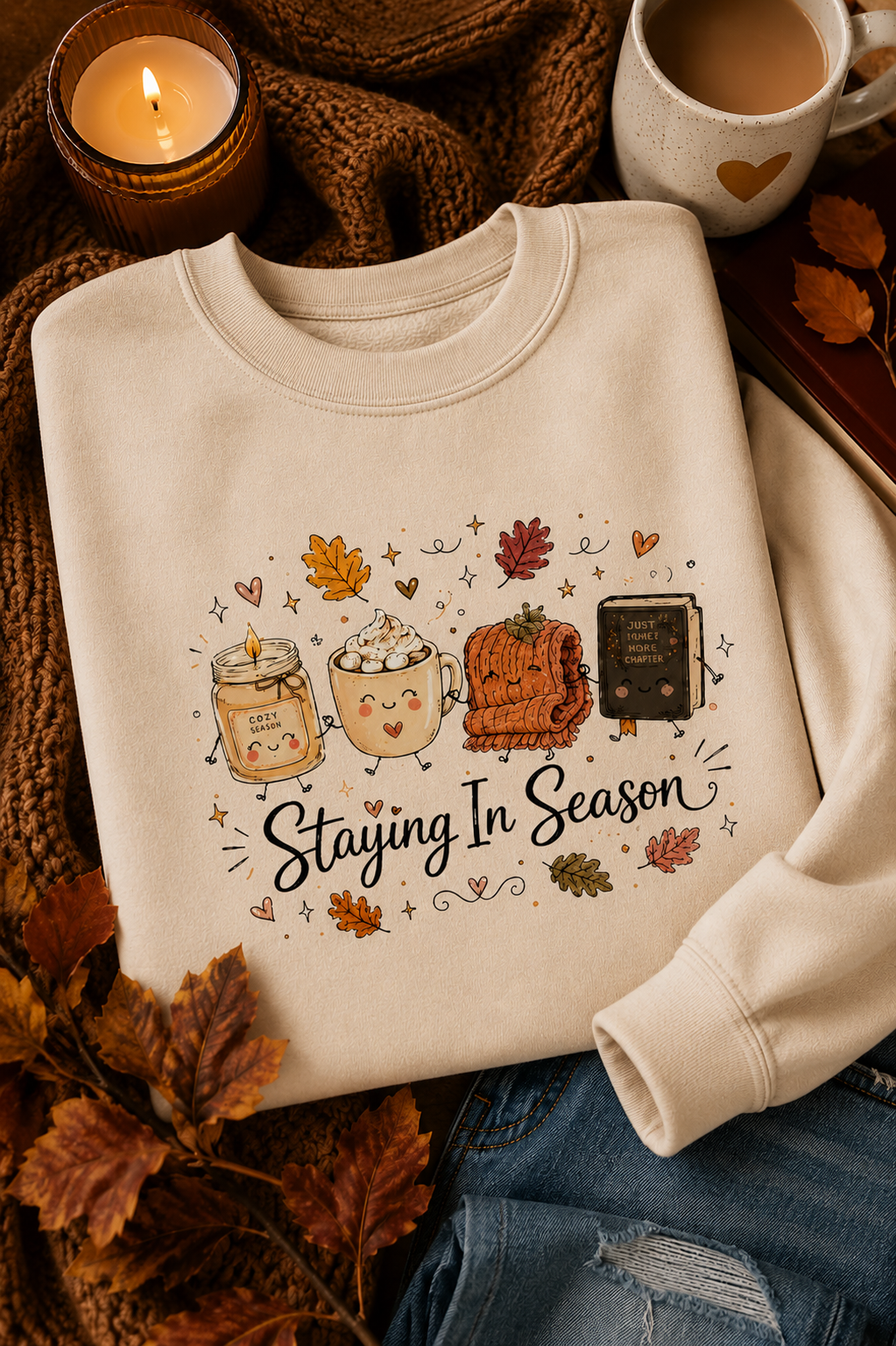Staying in Season Sweatshirt, Cozy Fall Sweatshirt, Book Lover Crewneck, Autumn Graphic Sweatshirt, Pumpkin Spice Sweatshirt