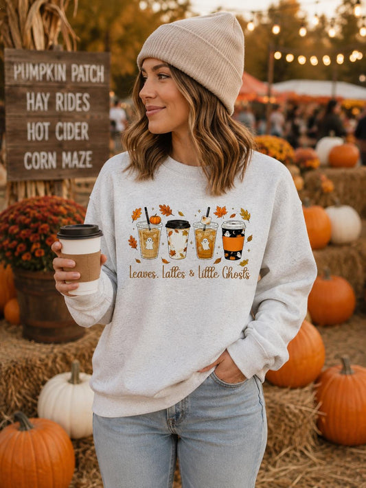 Leaves Lattes & Little Ghosts Sweatshirt, Cute Fall Crewneck, Cozy Coffee Lover Sweatshirt, Spooky Season Crewneck, Pumpkin Spice Sweatshirt
