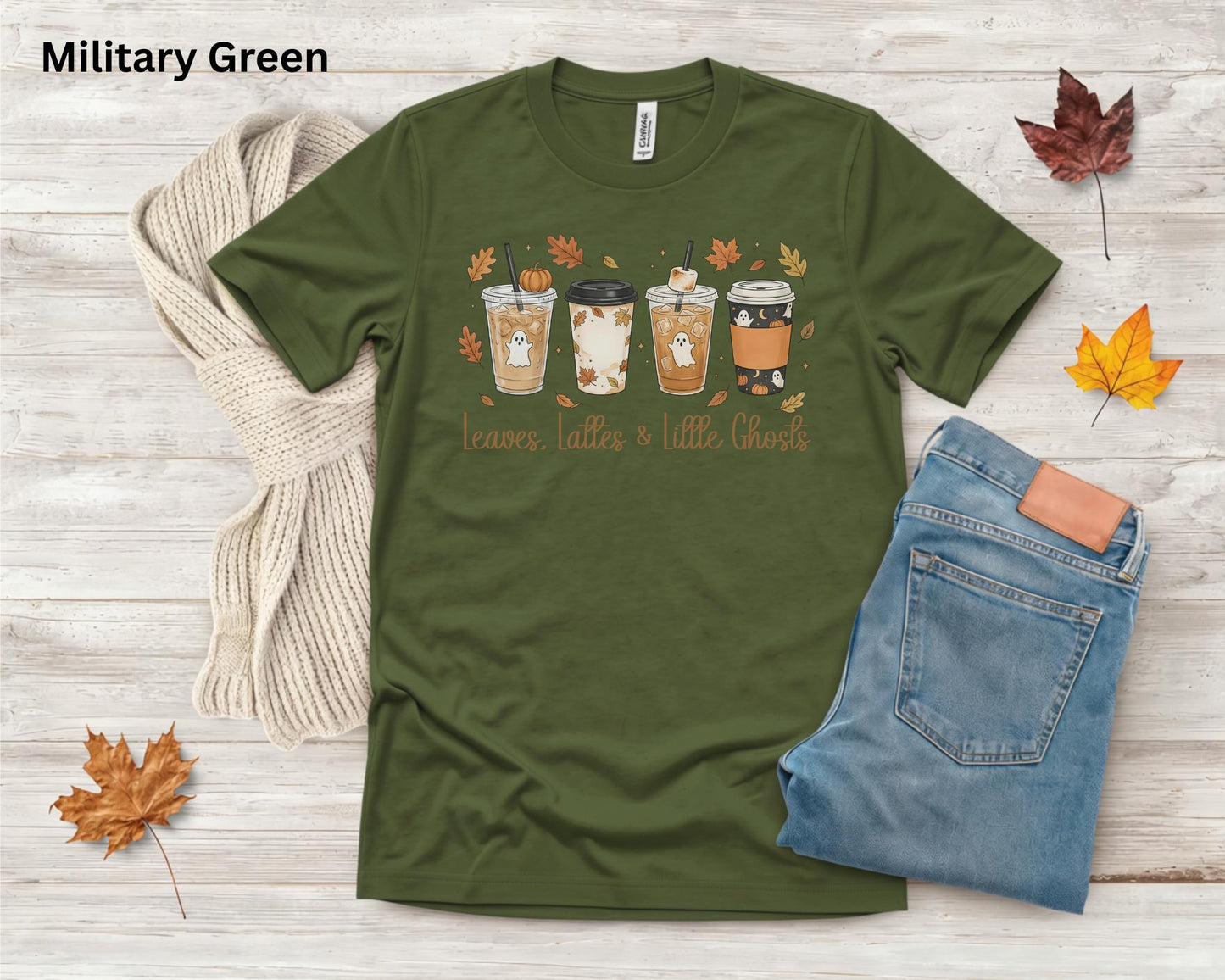 Leaves, Lattes & Little Ghosts Shirt, Cute Fall Coffee Shirt, Spooky Season Tee, Ghost Coffee Lover Shirt