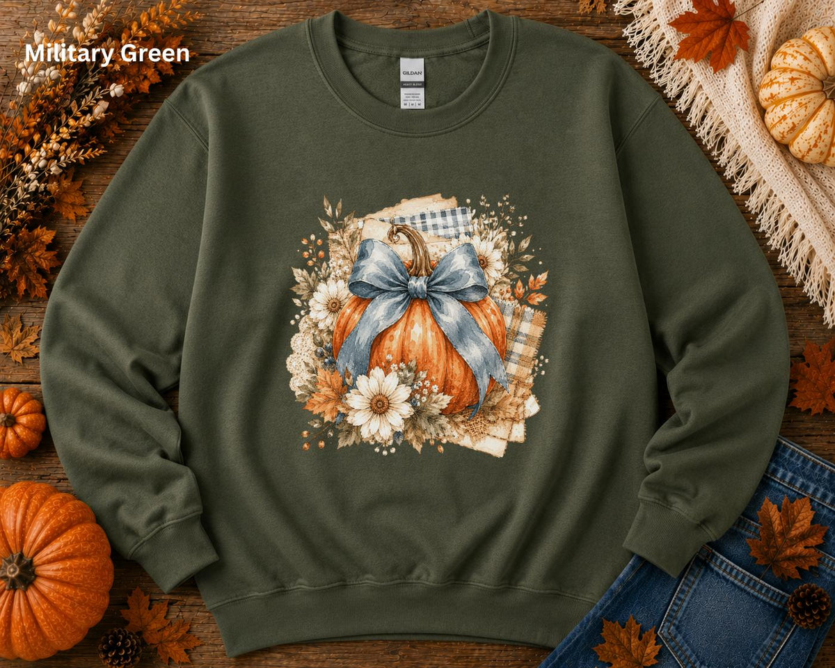 Blue Bow Pumpkin Sweatshirt, Fall Pumpkin Crewneck, Coquette Autumn Sweatshirt, Floral Pumpkin Sweatshirt, Cozy Fall Thanksgiving Crewneck
