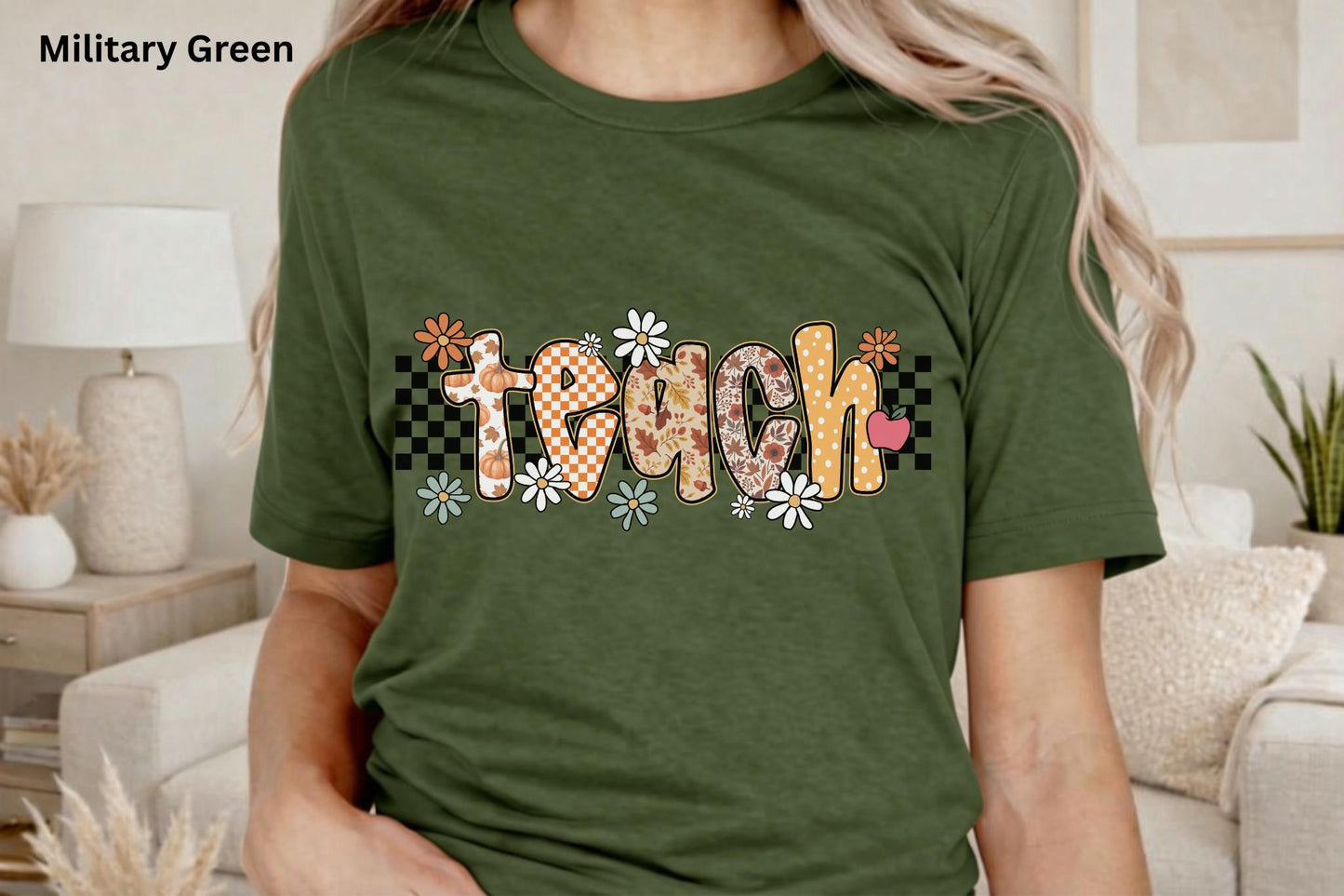 Fall Teacher Shirt, Retro Teacher Tee, Boho Autumn Teacher T-Shirt, Cute Back to School Shirt, Floral Checkerboard Pumpkin Teacher Gift