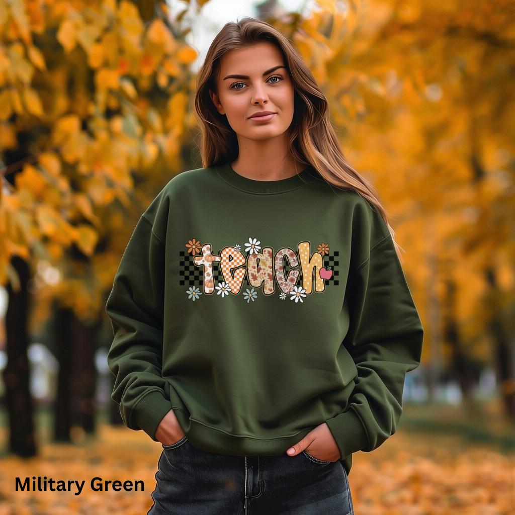 Fall Teacher Sweatshirt, Retro Teacher Crewneck, Boho Autumn Back to School Sweatshirt, Cozy Floral Pumpkin Checkerboard Teacher Gift