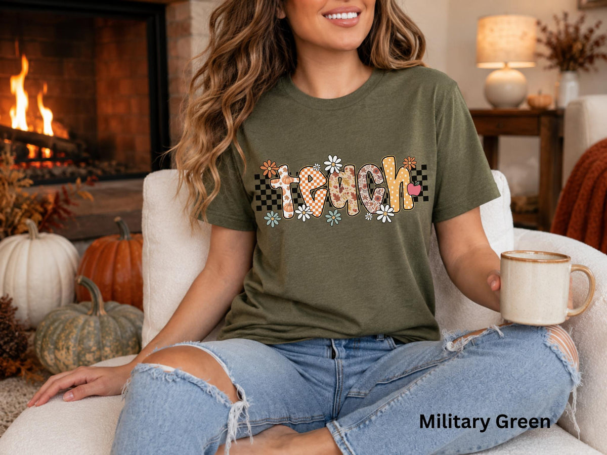 Fall Teacher Shirt, Retro Teacher Tee, Boho Autumn Teacher T-Shirt, Cute Back to School Shirt, Floral Checkerboard Pumpkin Teacher Gift