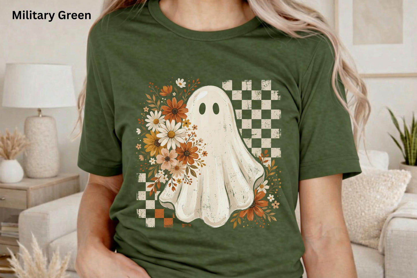 Cute Ghost Halloween Shirt, Boho Ghost T-Shirt, Floral Fall Ghost Tee, Retro Checkerboard Halloween Shirt, Spooky Season Graphic Tee