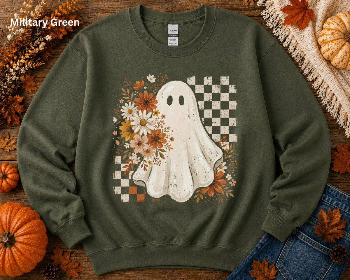 Cute Ghost Halloween Sweatshirt, Boho Ghost Crewneck, Retro Checkerboard Halloween Pullover, Spooky Season Fall Crewneck for Women