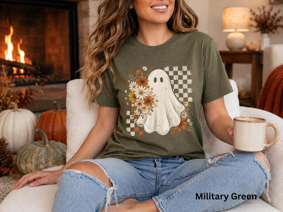 Cute Ghost Halloween Shirt, Boho Ghost T-Shirt, Floral Fall Ghost Tee, Retro Checkerboard Halloween Shirt, Spooky Season Graphic Tee