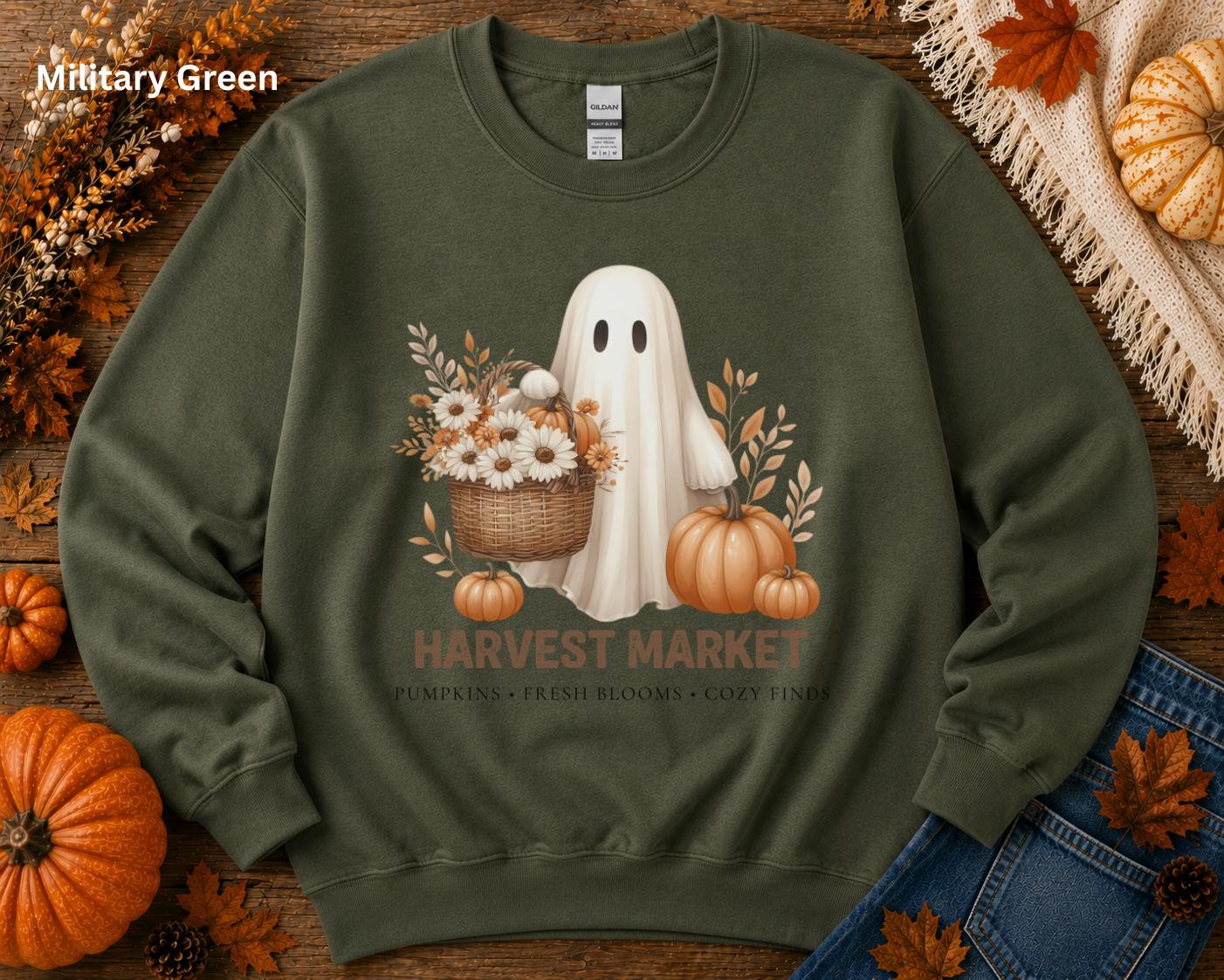 Harvest Market Ghost Sweatshirt, Cute Fall Ghost Crewneck, Vintage Halloween Sweatshirt, Pumpkin Patch Crewneck, Cozy Autumn Sweatshirt