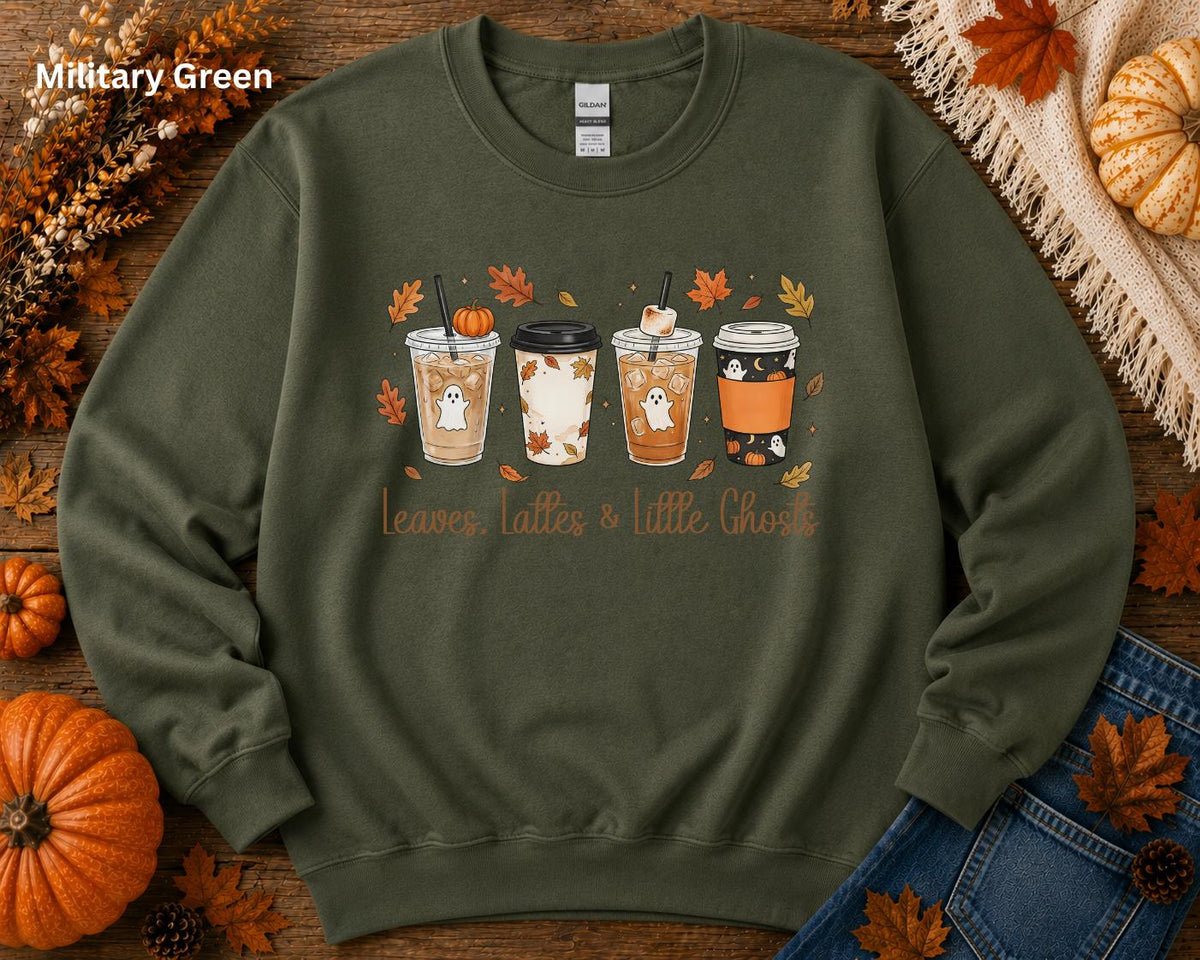 Leaves Lattes & Little Ghosts Sweatshirt, Cute Fall Crewneck, Cozy Coffee Lover Sweatshirt, Spooky Season Crewneck, Pumpkin Spice Sweatshirt