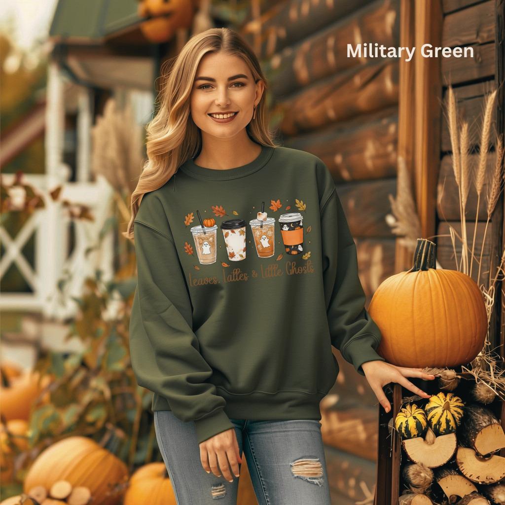 Leaves Lattes & Little Ghosts Sweatshirt, Cute Fall Crewneck, Cozy Coffee Lover Sweatshirt, Spooky Season Crewneck, Pumpkin Spice Sweatshirt