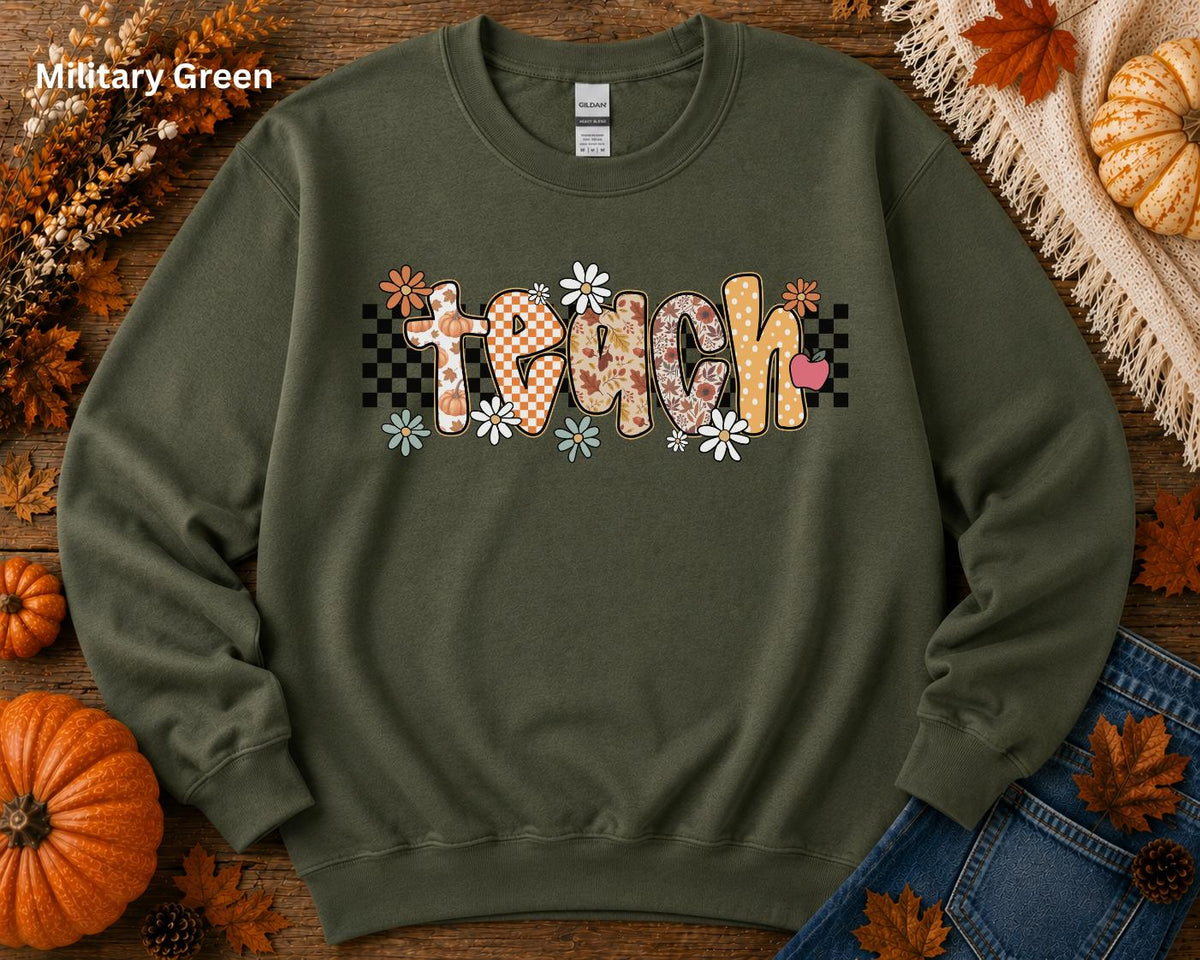 Fall Teacher Sweatshirt, Retro Teacher Crewneck, Boho Autumn Back to School Sweatshirt, Cozy Floral Pumpkin Checkerboard Teacher Gift