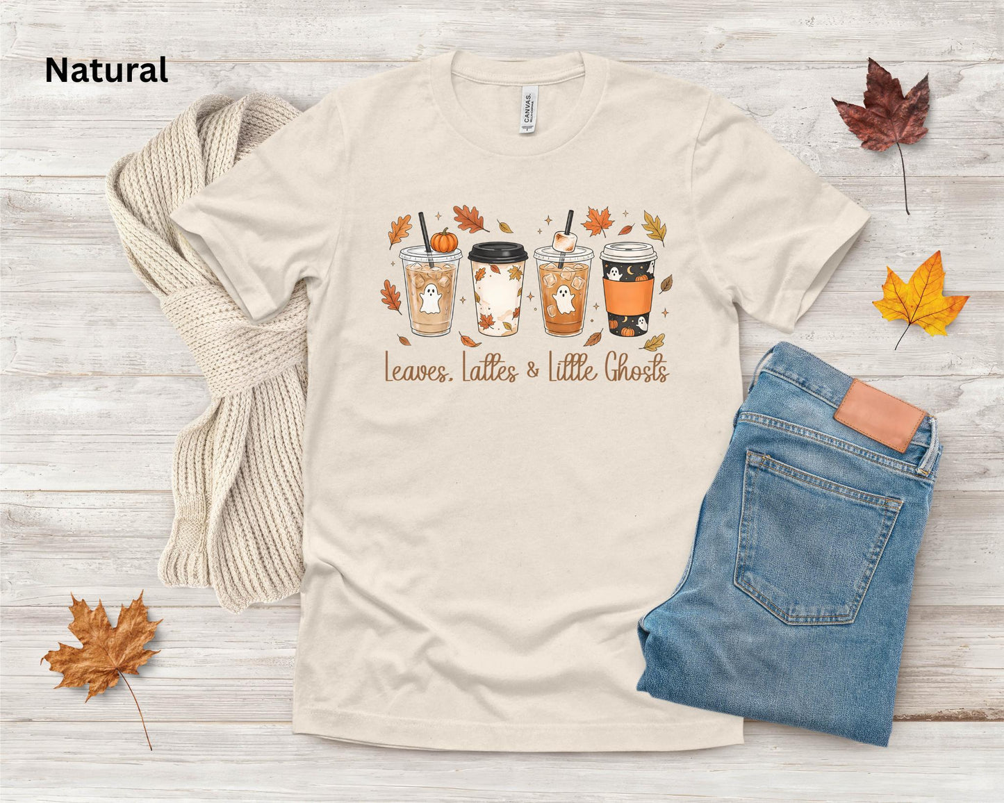 Leaves, Lattes & Little Ghosts Shirt, Cute Fall Coffee Shirt, Spooky Season Tee, Ghost Coffee Lover Shirt
