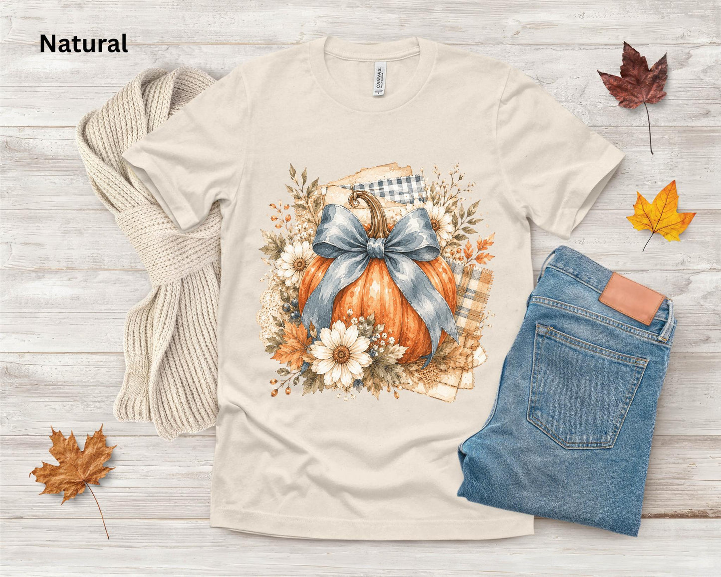 Blue Bow Pumpkin T-Shirt, Coquette Fall Tee, Floral Pumpkin Shirt, Cute Autumn Graphic Tee, Pumpkin Patch Shirt, Women's Thanksgiving Shirt