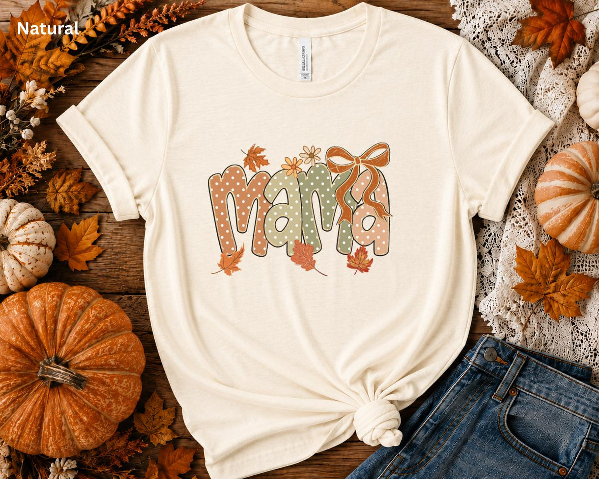 Fall Mama Shirt, Cute Coquette Bow Mama Tee, Autumn Mom Graphic T-Shirt, Pumpkin Season Shirt, Fall Mom Outfit, Women's Boutique Tee