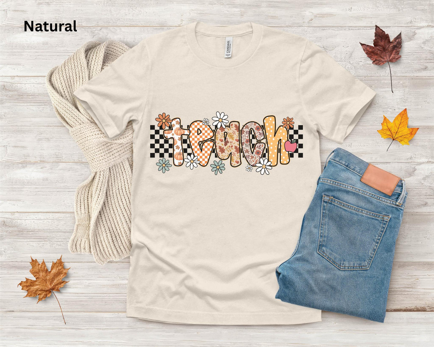 Fall Teacher Shirt, Retro Teacher Tee, Boho Autumn Teacher T-Shirt, Cute Back to School Shirt, Floral Checkerboard Pumpkin Teacher Gift