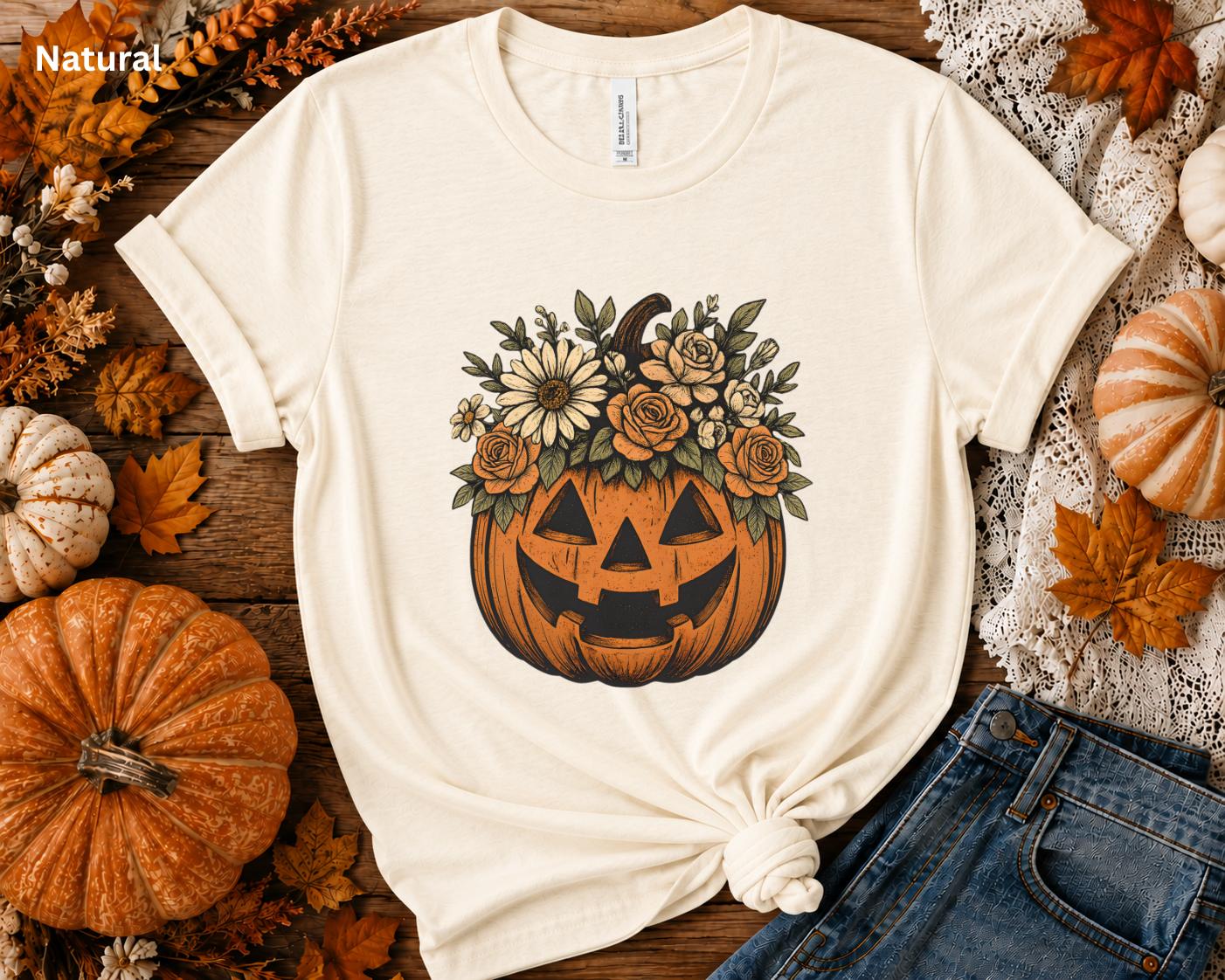 Floral Pumpkin Halloween Shirt, Cute Fall Pumpkin Tee, Boho Autumn Graphic T-Shirt, Cozy Halloween Shirt for Women, Pumpkin Patch Outfit