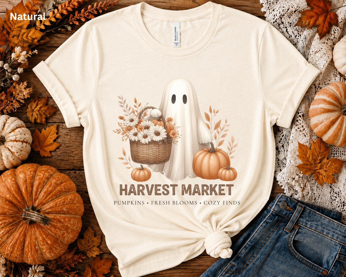 Cute Fall Ghost Tee, Vintage Halloween T-Shirt, Harvest Market Ghost Shirt, Pumpkin Patch Shirt, Cozy Autumn Graphic Tee, Spooky Season Top