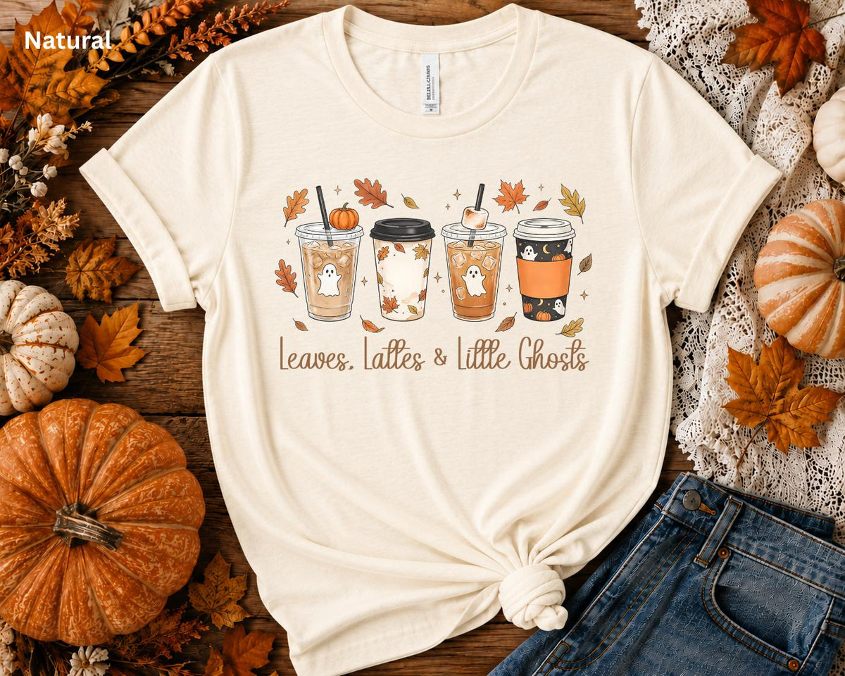 Leaves, Lattes & Little Ghosts Shirt, Cute Fall Coffee Shirt, Spooky Season Tee, Ghost Coffee Lover Shirt