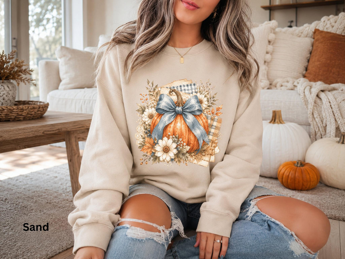 Blue Bow Pumpkin Sweatshirt, Fall Pumpkin Crewneck, Coquette Autumn Sweatshirt, Floral Pumpkin Sweatshirt, Cozy Fall Thanksgiving Crewneck