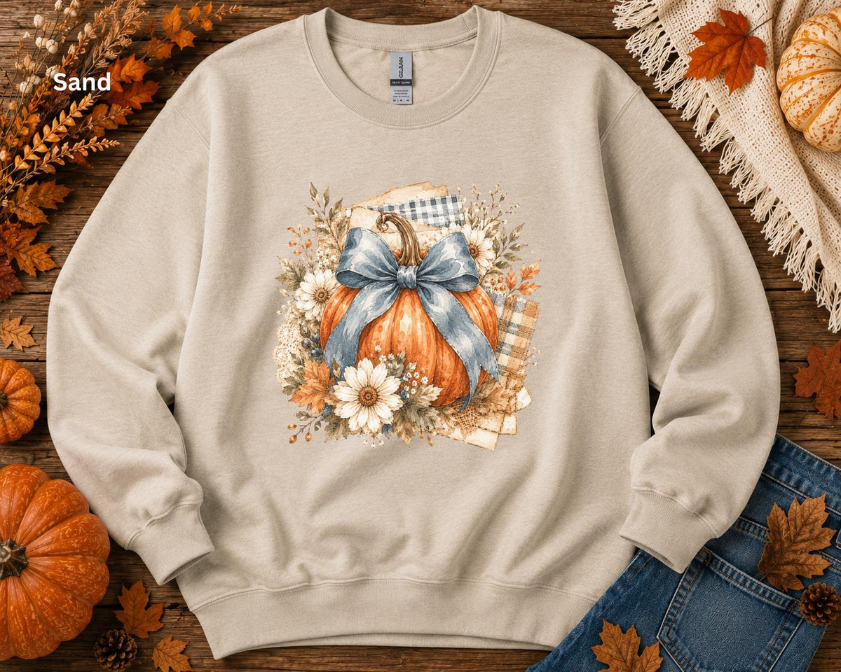 Blue Bow Pumpkin Sweatshirt, Fall Pumpkin Crewneck, Coquette Autumn Sweatshirt, Floral Pumpkin Sweatshirt, Cozy Fall Thanksgiving Crewneck