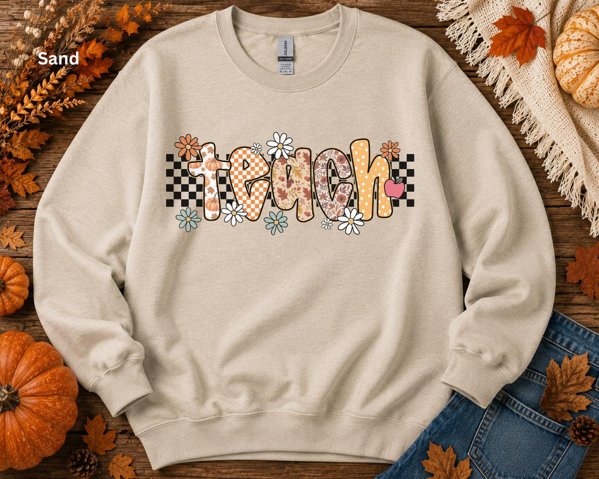 Fall Teacher Sweatshirt, Retro Teacher Crewneck, Boho Autumn Back to School Sweatshirt, Cozy Floral Pumpkin Checkerboard Teacher Gift