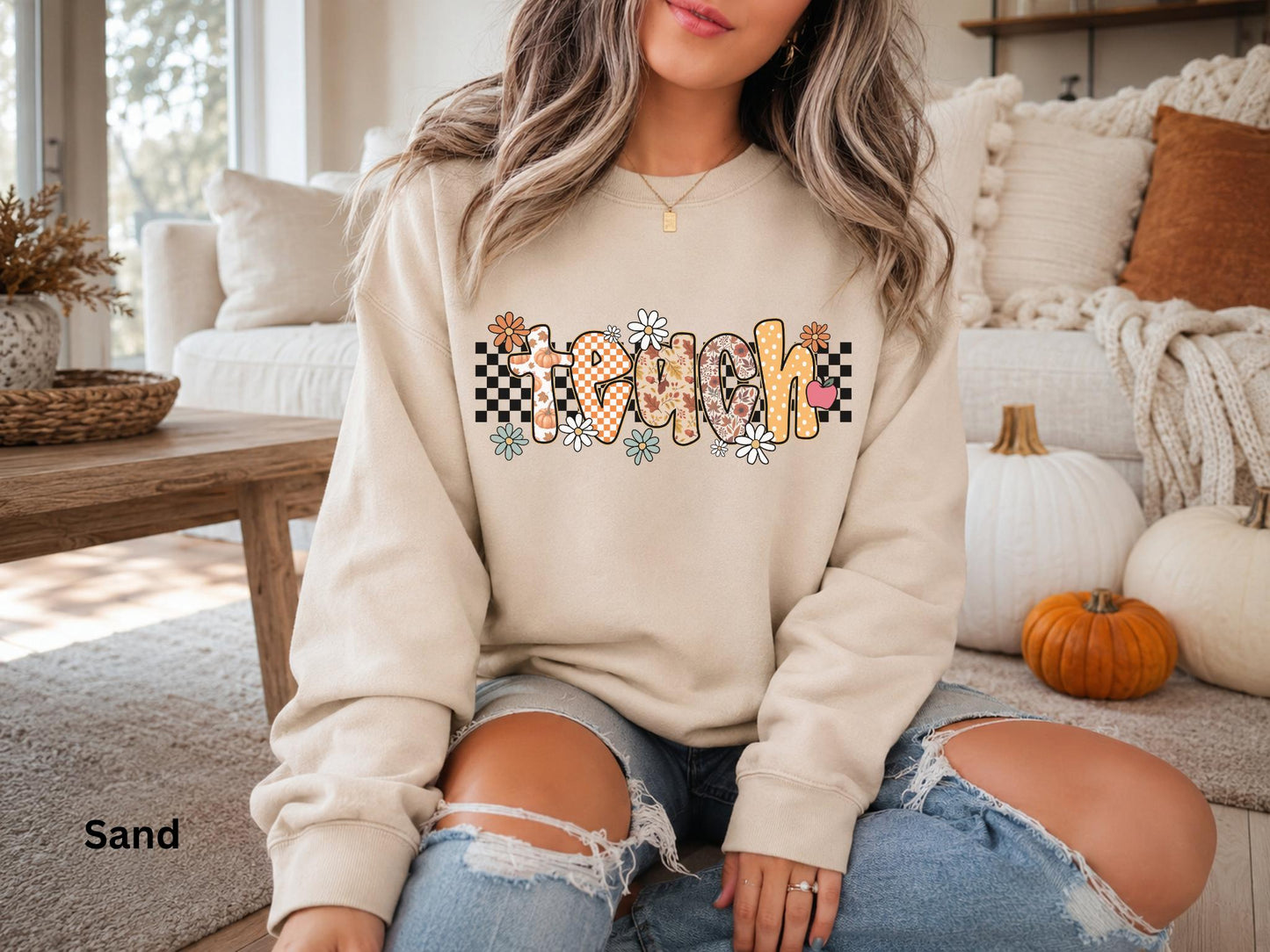 Fall Teacher Sweatshirt, Retro Teacher Crewneck, Boho Autumn Back to School Sweatshirt, Cozy Floral Pumpkin Checkerboard Teacher Gift
