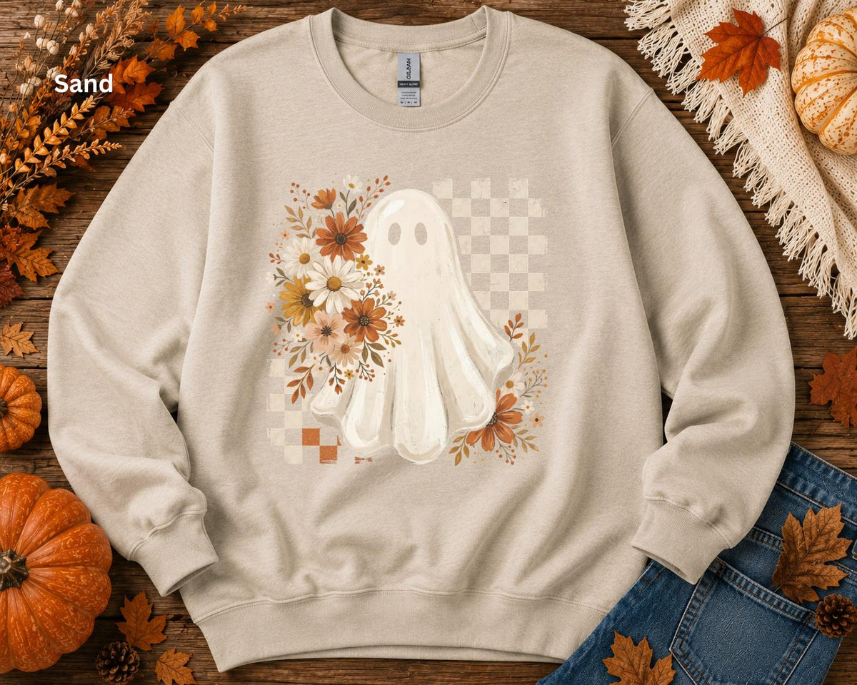 Cute Ghost Halloween Sweatshirt, Boho Ghost Crewneck, Retro Checkerboard Halloween Pullover, Spooky Season Fall Crewneck for Women