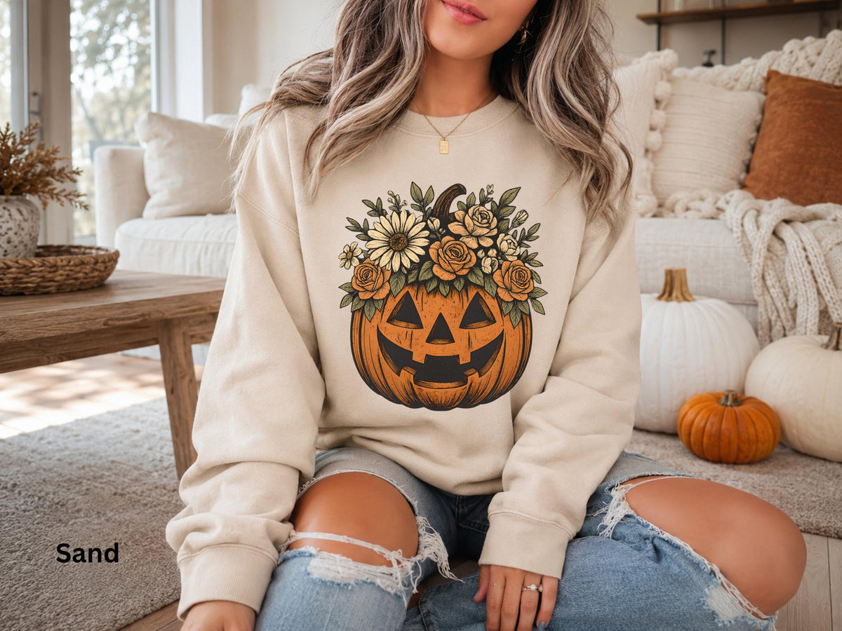 Floral Halloween Sweatshirt, Cute Fall Crewneck, Vintage Pumpkin Sweatshirt, Cozy Autumn Graphic Sweatshirt, Pumpkin Patch Outfit