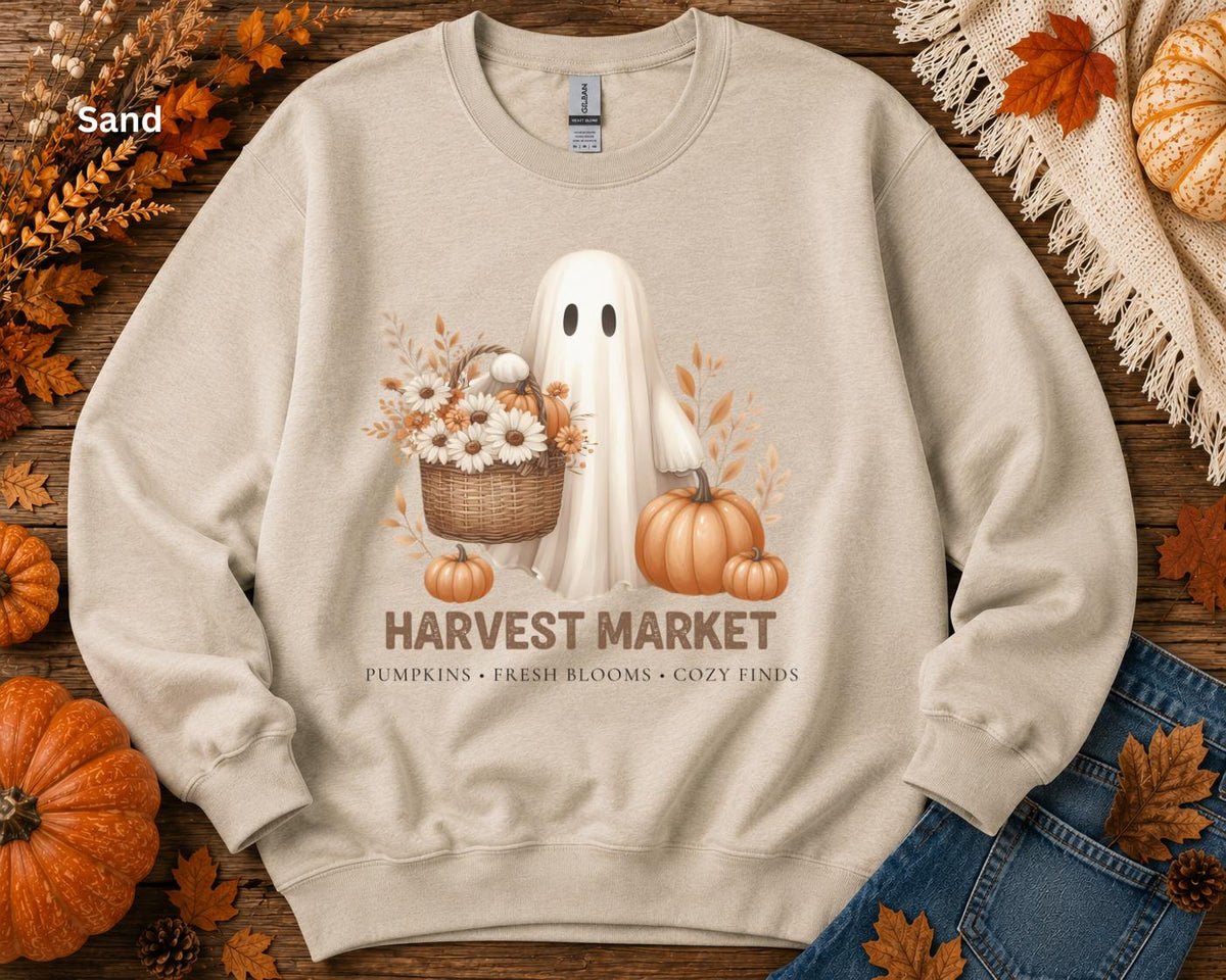 Harvest Market Ghost Sweatshirt, Cute Fall Ghost Crewneck, Vintage Halloween Sweatshirt, Pumpkin Patch Crewneck, Cozy Autumn Sweatshirt