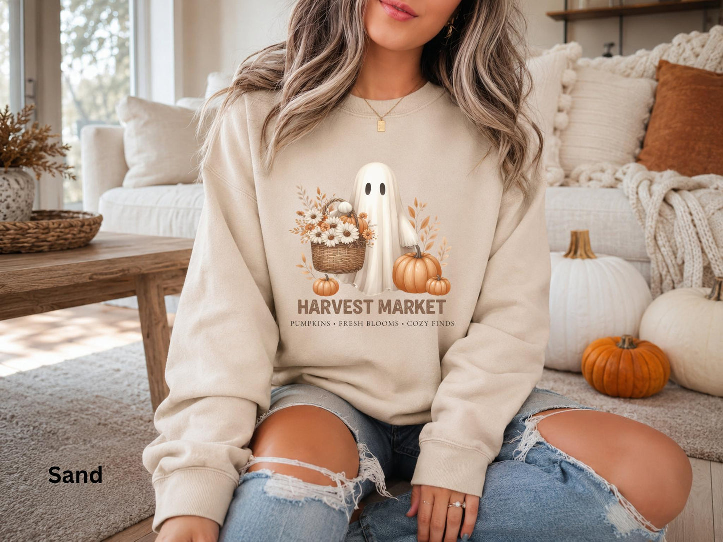 Harvest Market Ghost Sweatshirt, Cute Fall Ghost Crewneck, Vintage Halloween Sweatshirt, Pumpkin Patch Crewneck, Cozy Autumn Sweatshirt