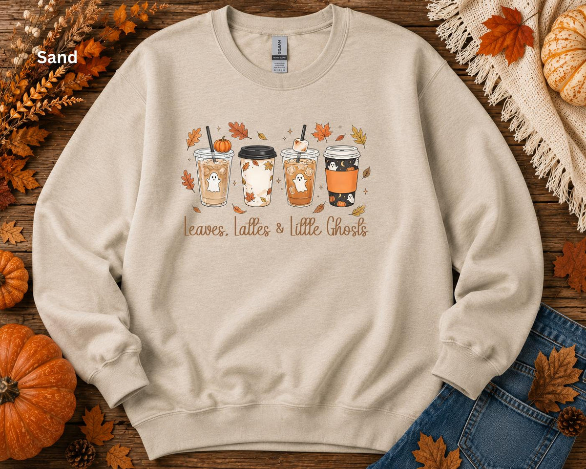 Leaves Lattes & Little Ghosts Sweatshirt, Cute Fall Crewneck, Cozy Coffee Lover Sweatshirt, Spooky Season Crewneck, Pumpkin Spice Sweatshirt