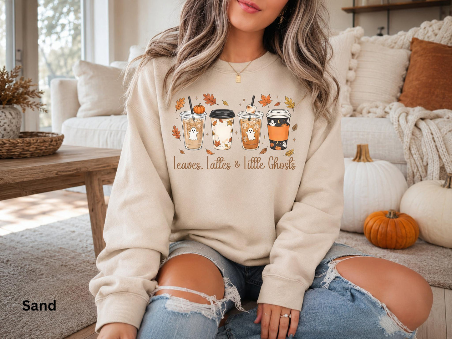 Leaves Lattes & Little Ghosts Sweatshirt, Cute Fall Crewneck, Cozy Coffee Lover Sweatshirt, Spooky Season Crewneck, Pumpkin Spice Sweatshirt