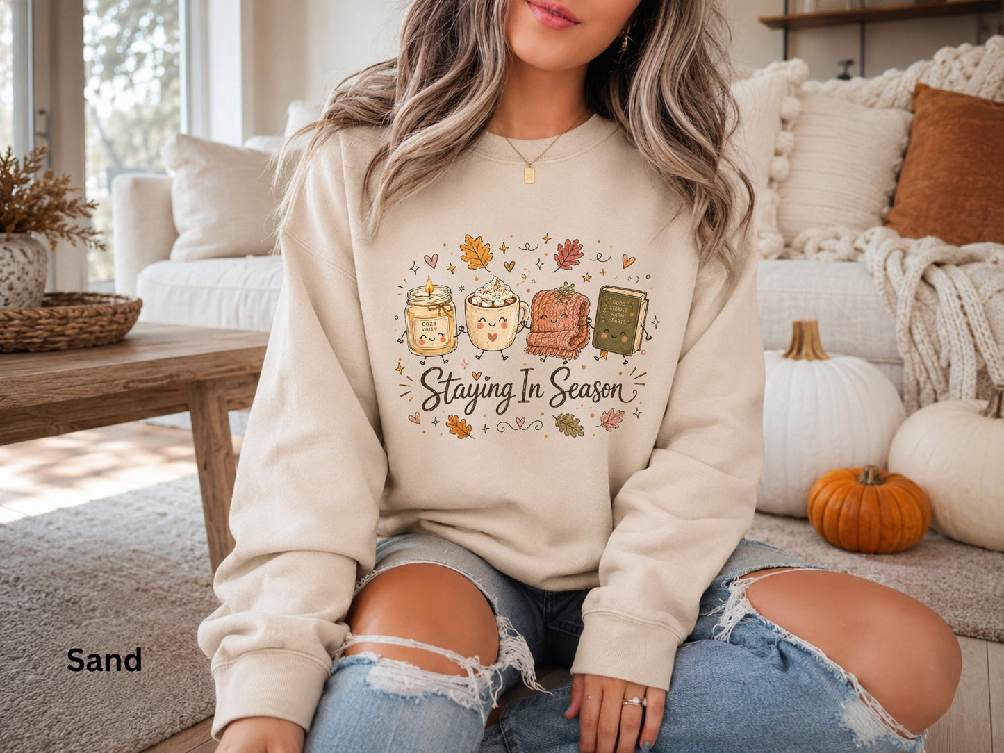 Staying in Season Sweatshirt, Cozy Fall Sweatshirt, Book Lover Crewneck, Autumn Graphic Sweatshirt, Pumpkin Spice Sweatshirt
