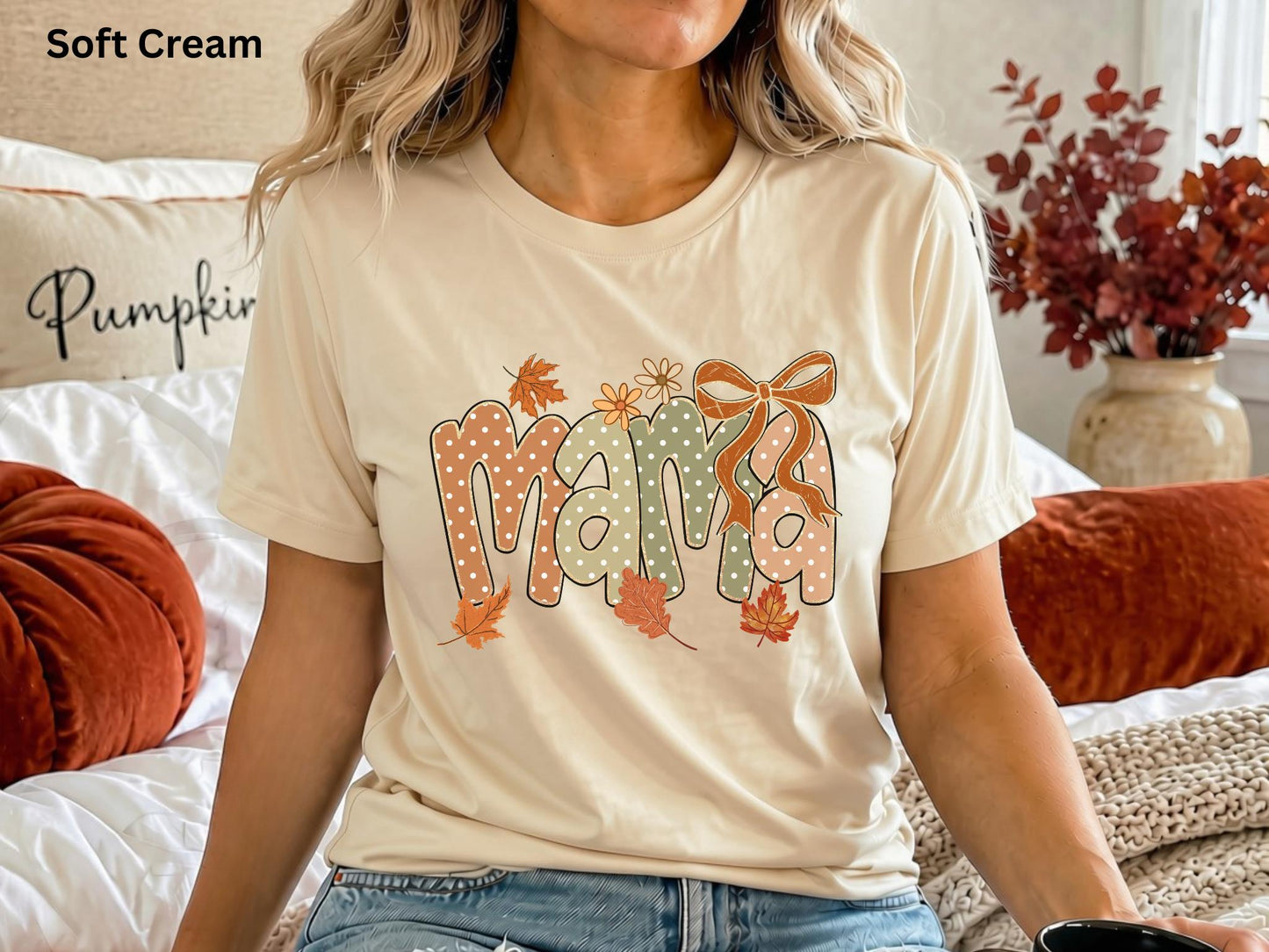 Fall Mama Shirt, Cute Coquette Bow Mama Tee, Autumn Mom Graphic T-Shirt, Pumpkin Season Shirt, Fall Mom Outfit, Women's Boutique Tee