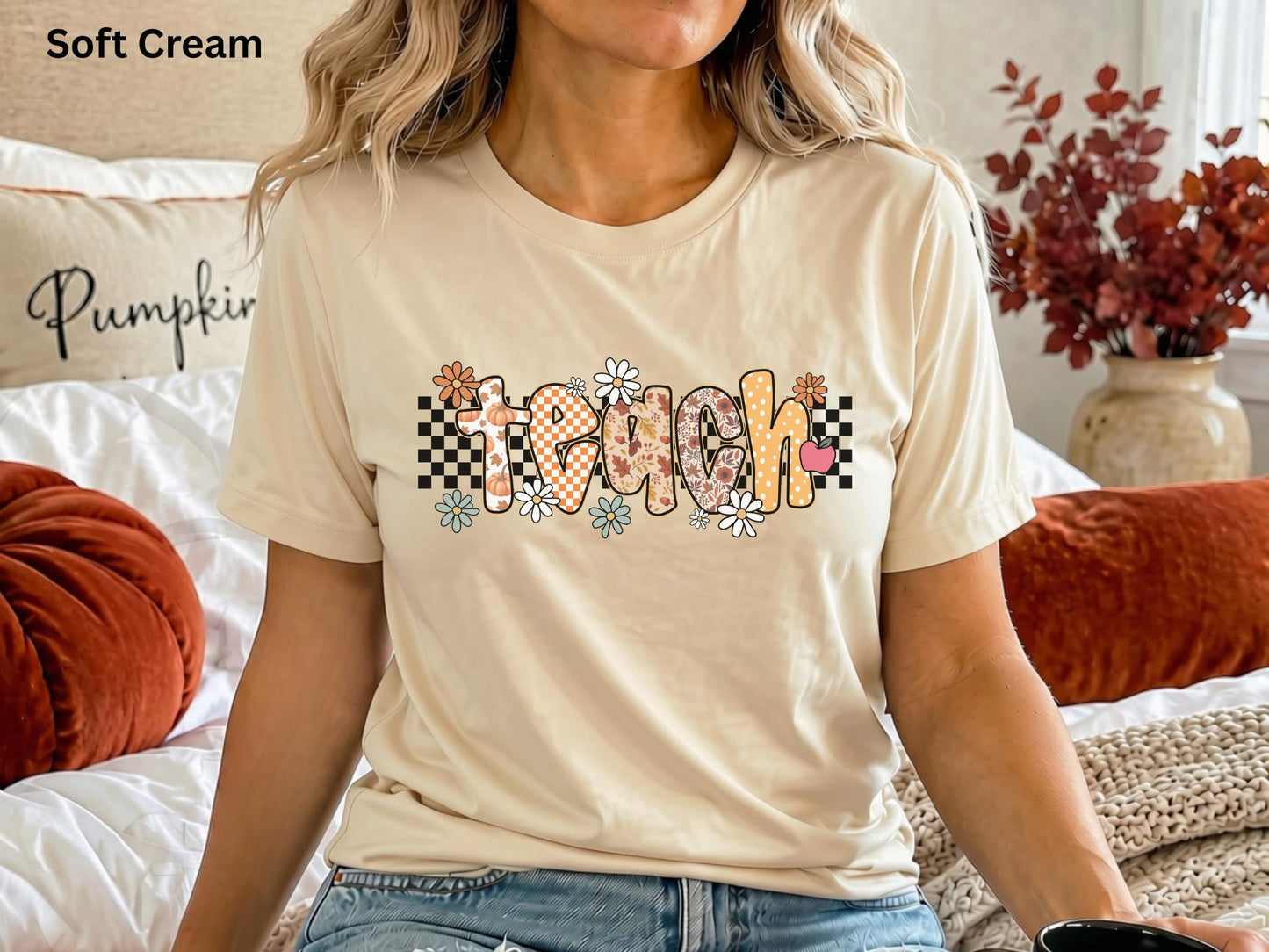 Fall Teacher Shirt, Retro Teacher Tee, Boho Autumn Teacher T-Shirt, Cute Back to School Shirt, Floral Checkerboard Pumpkin Teacher Gift