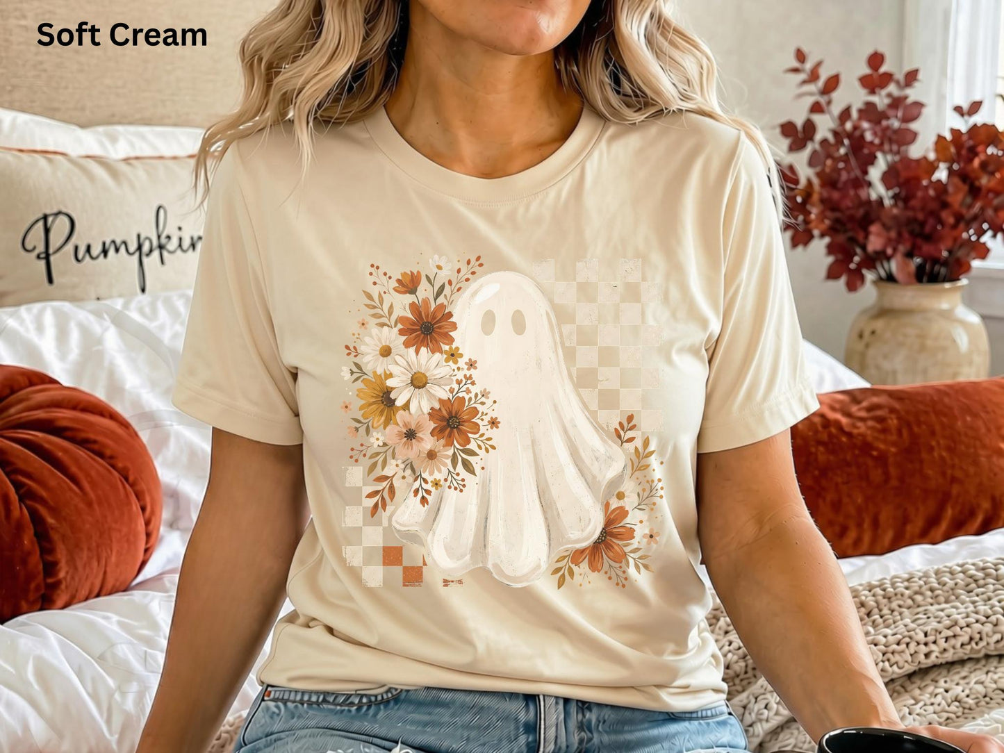 Cute Ghost Halloween Shirt, Boho Ghost T-Shirt, Floral Fall Ghost Tee, Retro Checkerboard Halloween Shirt, Spooky Season Graphic Tee