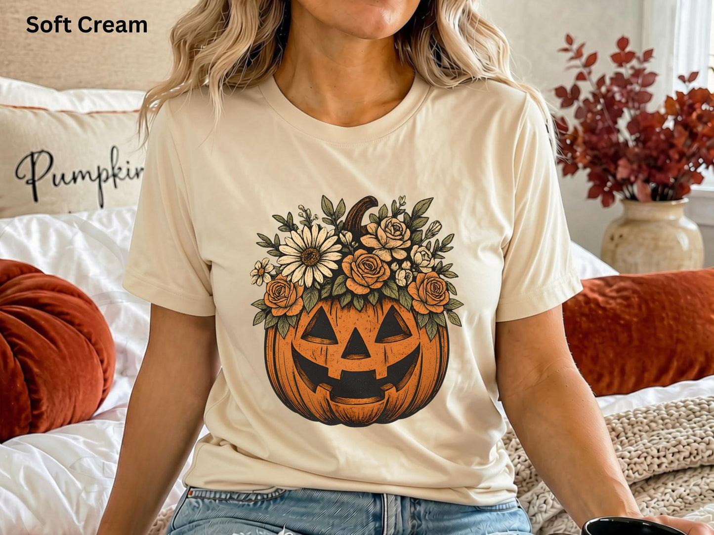 Floral Pumpkin Halloween Shirt, Cute Fall Pumpkin Tee, Boho Autumn Graphic T-Shirt, Cozy Halloween Shirt for Women, Pumpkin Patch Outfit