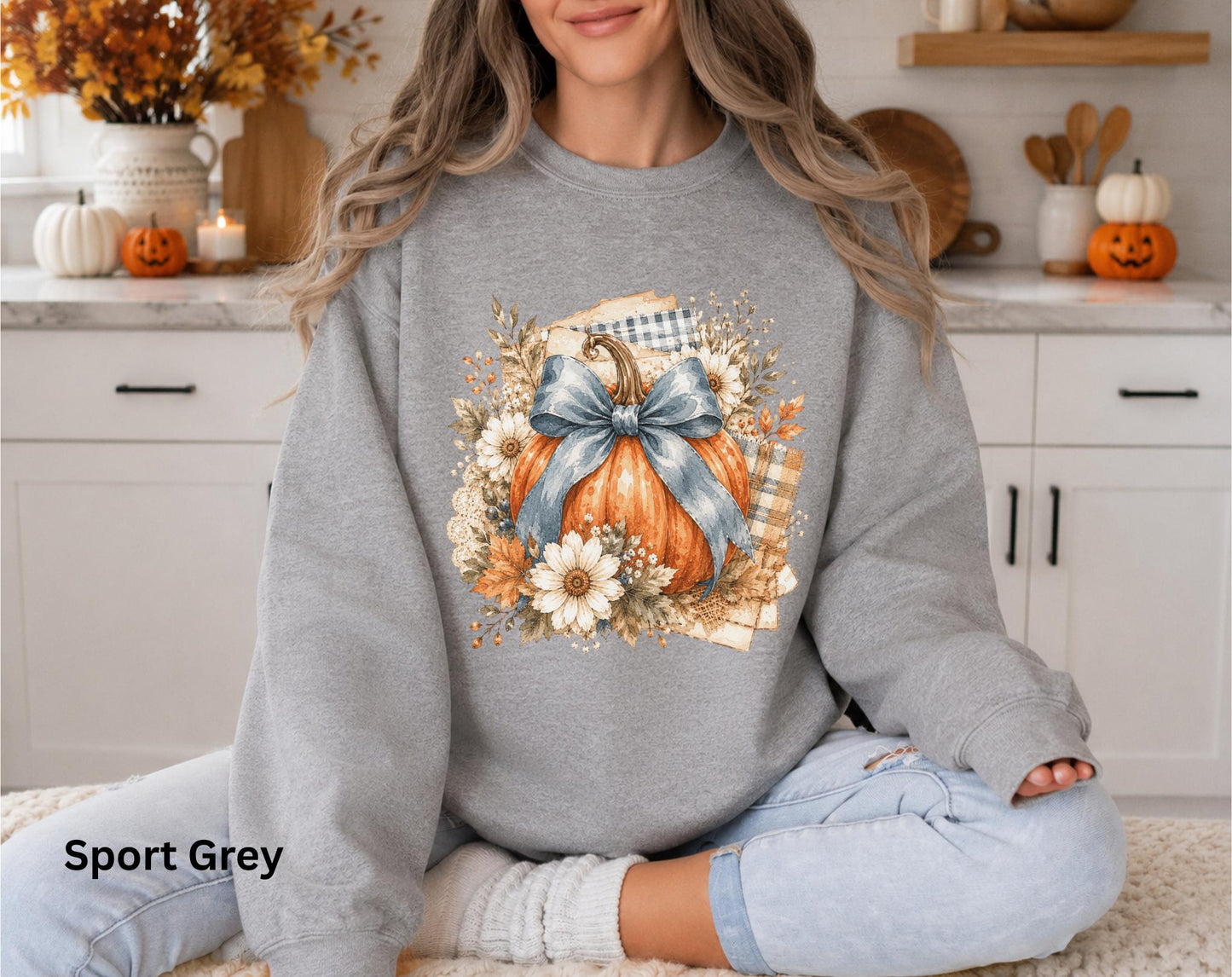 Blue Bow Pumpkin Sweatshirt, Fall Pumpkin Crewneck, Coquette Autumn Sweatshirt, Floral Pumpkin Sweatshirt, Cozy Fall Thanksgiving Crewneck