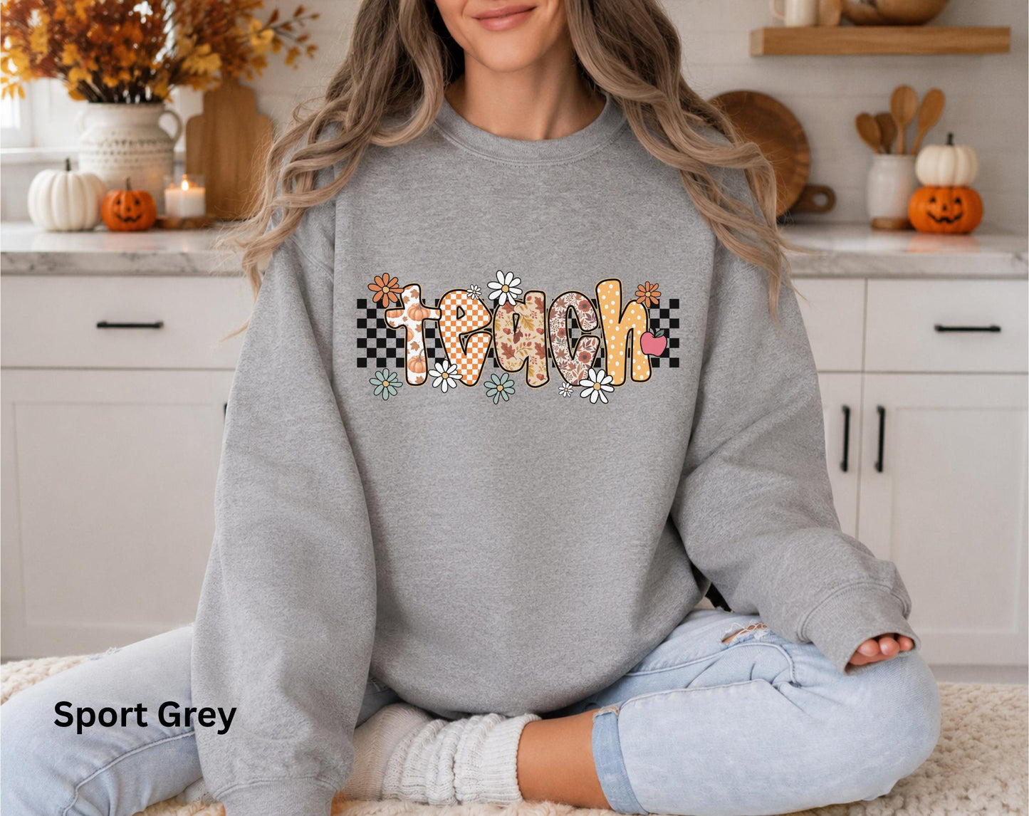 Fall Teacher Sweatshirt, Retro Teacher Crewneck, Boho Autumn Back to School Sweatshirt, Cozy Floral Pumpkin Checkerboard Teacher Gift