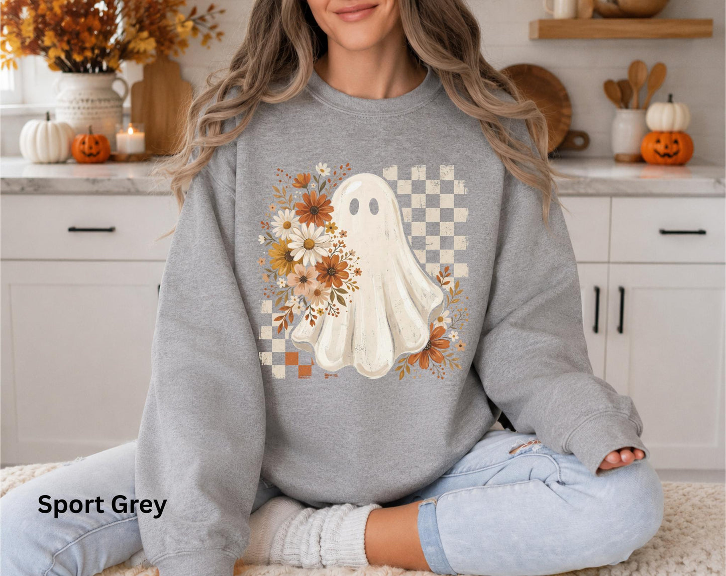 Cute Ghost Halloween Sweatshirt, Boho Ghost Crewneck, Retro Checkerboard Halloween Pullover, Spooky Season Fall Crewneck for Women