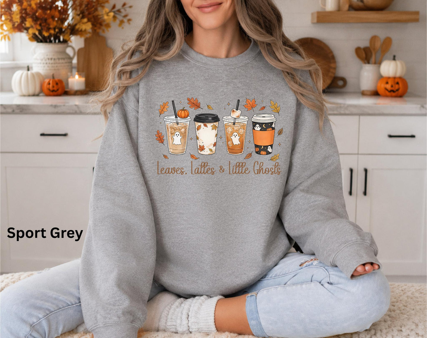 Leaves Lattes & Little Ghosts Sweatshirt, Cute Fall Crewneck, Cozy Coffee Lover Sweatshirt, Spooky Season Crewneck, Pumpkin Spice Sweatshirt