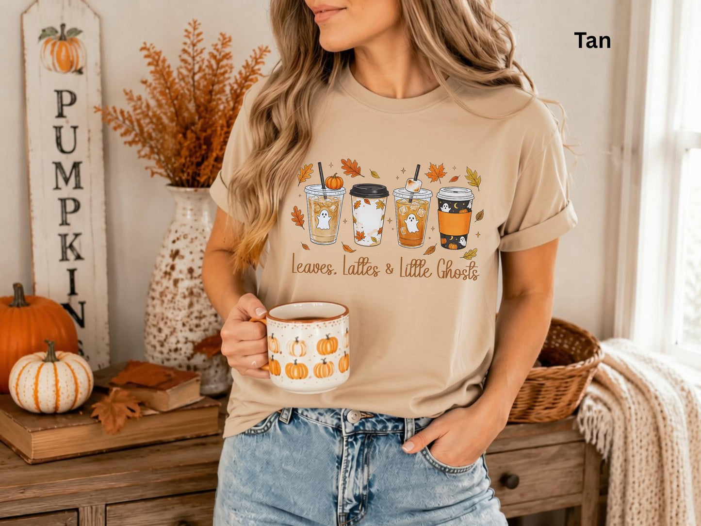 Leaves, Lattes & Little Ghosts Shirt, Cute Fall Coffee Shirt, Spooky Season Tee, Ghost Coffee Lover Shirt