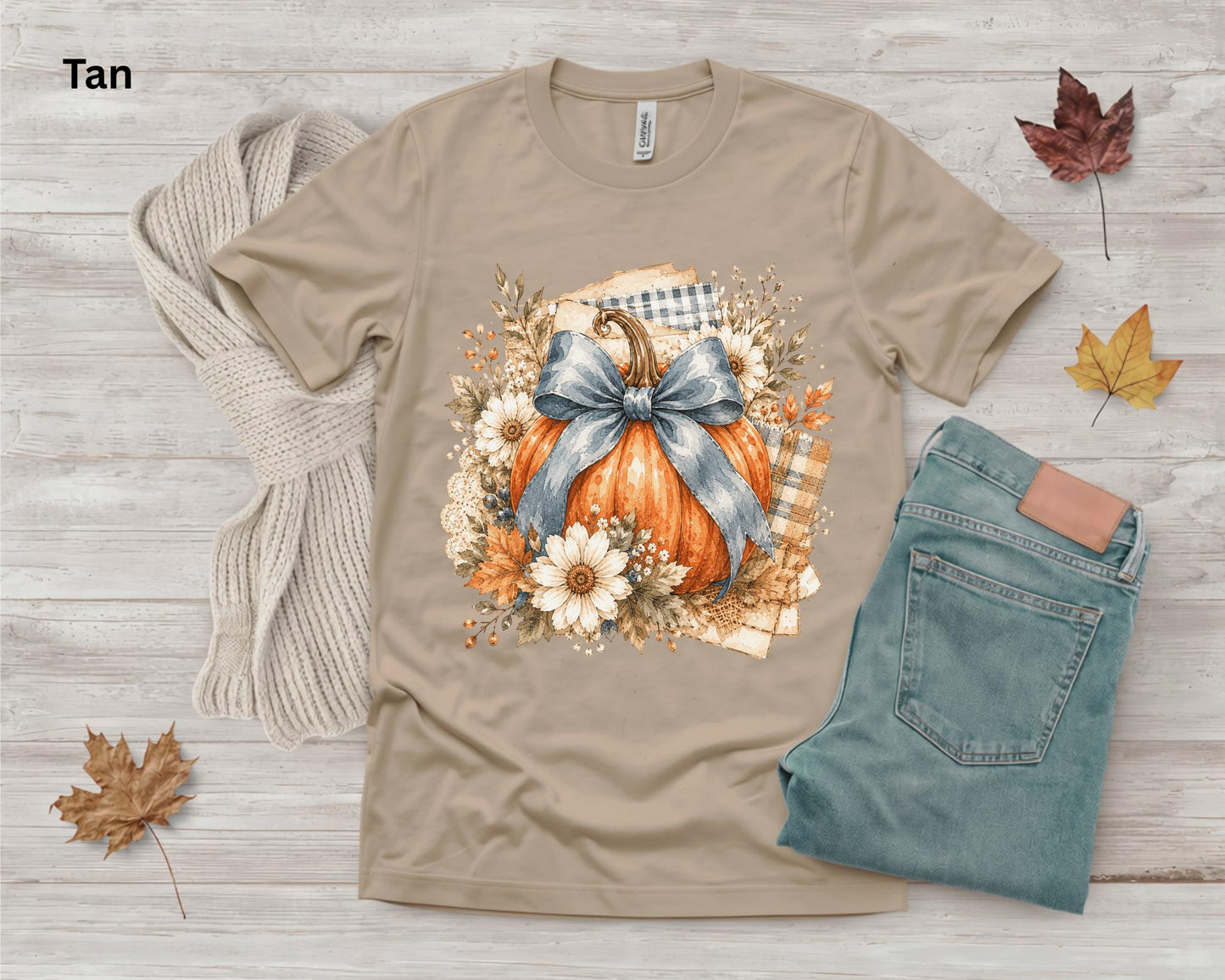Blue Bow Pumpkin T-Shirt, Coquette Fall Tee, Floral Pumpkin Shirt, Cute Autumn Graphic Tee, Pumpkin Patch Shirt, Women's Thanksgiving Shirt