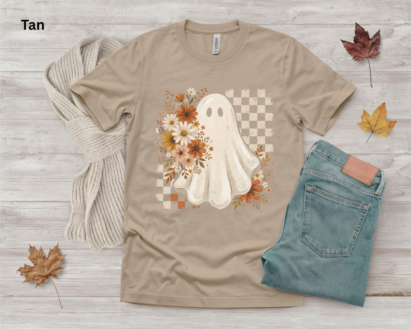 Cute Ghost Halloween Shirt, Boho Ghost T-Shirt, Floral Fall Ghost Tee, Retro Checkerboard Halloween Shirt, Spooky Season Graphic Tee