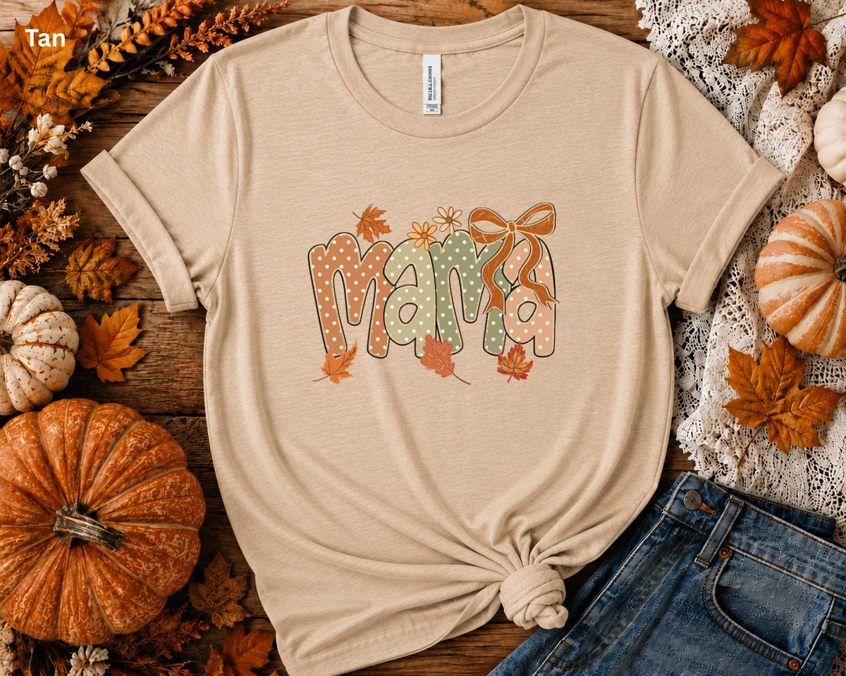 Fall Mama Shirt, Cute Coquette Bow Mama Tee, Autumn Mom Graphic T-Shirt, Pumpkin Season Shirt, Fall Mom Outfit, Women's Boutique Tee