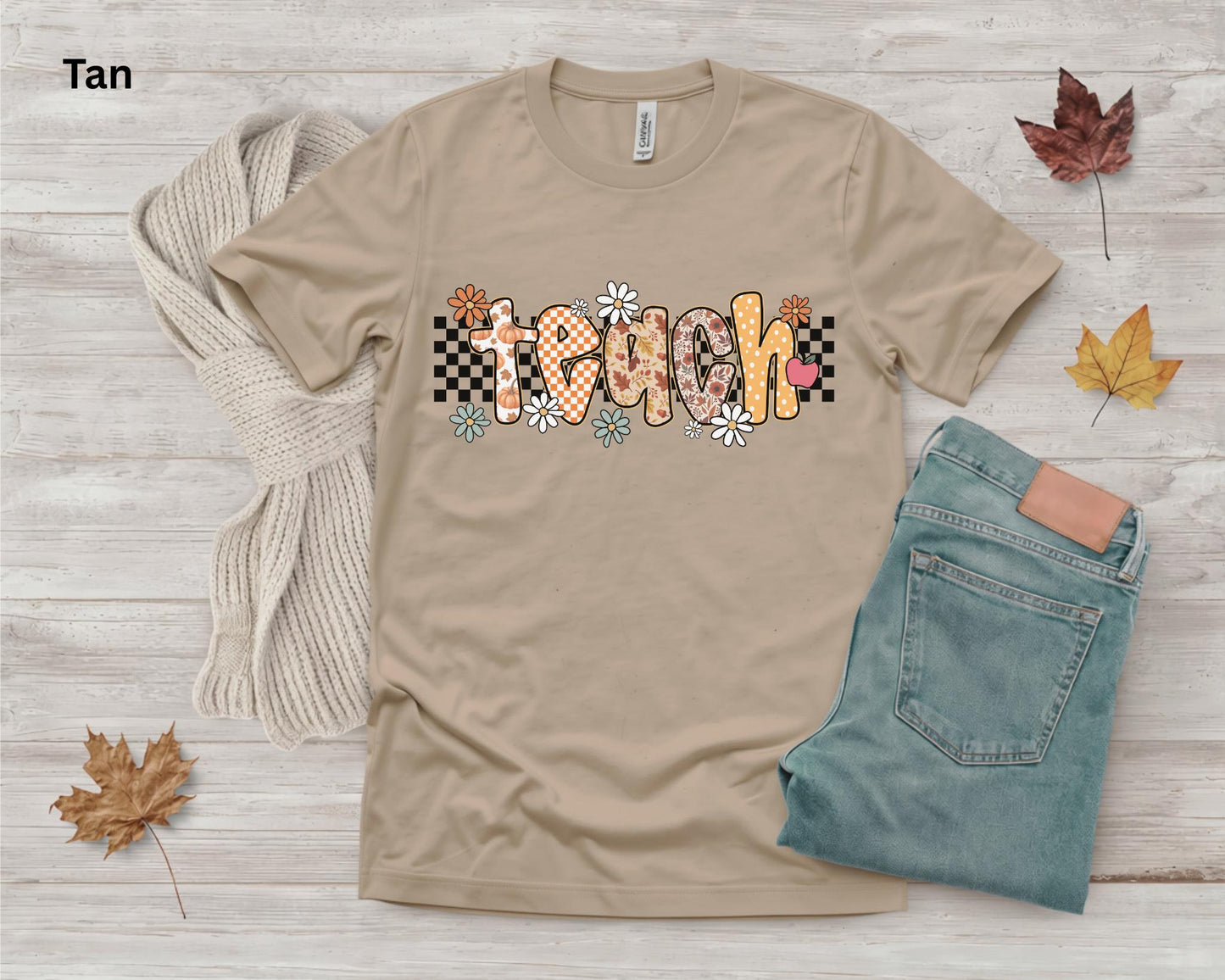 Fall Teacher Shirt, Retro Teacher Tee, Boho Autumn Teacher T-Shirt, Cute Back to School Shirt, Floral Checkerboard Pumpkin Teacher Gift