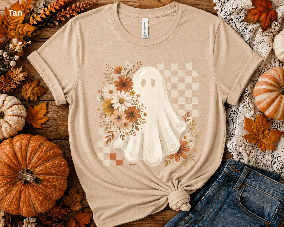 Cute Ghost Halloween Shirt, Boho Ghost T-Shirt, Floral Fall Ghost Tee, Retro Checkerboard Halloween Shirt, Spooky Season Graphic Tee