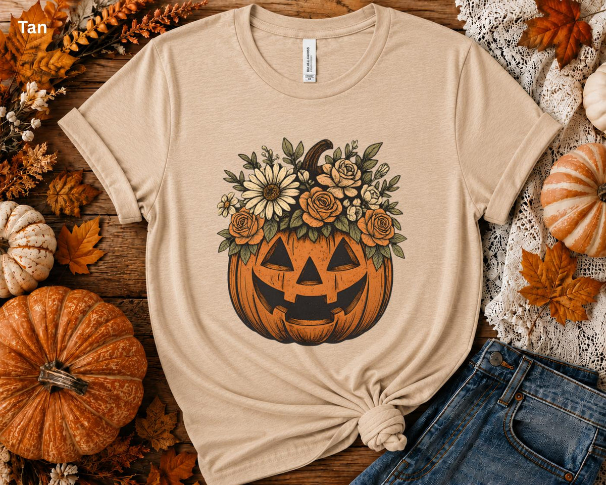 Floral Pumpkin Halloween Shirt, Cute Fall Pumpkin Tee, Boho Autumn Graphic T-Shirt, Cozy Halloween Shirt for Women, Pumpkin Patch Outfit