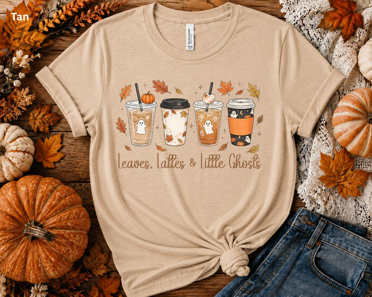 Leaves, Lattes & Little Ghosts Shirt, Cute Fall Coffee Shirt, Spooky Season Tee, Ghost Coffee Lover Shirt