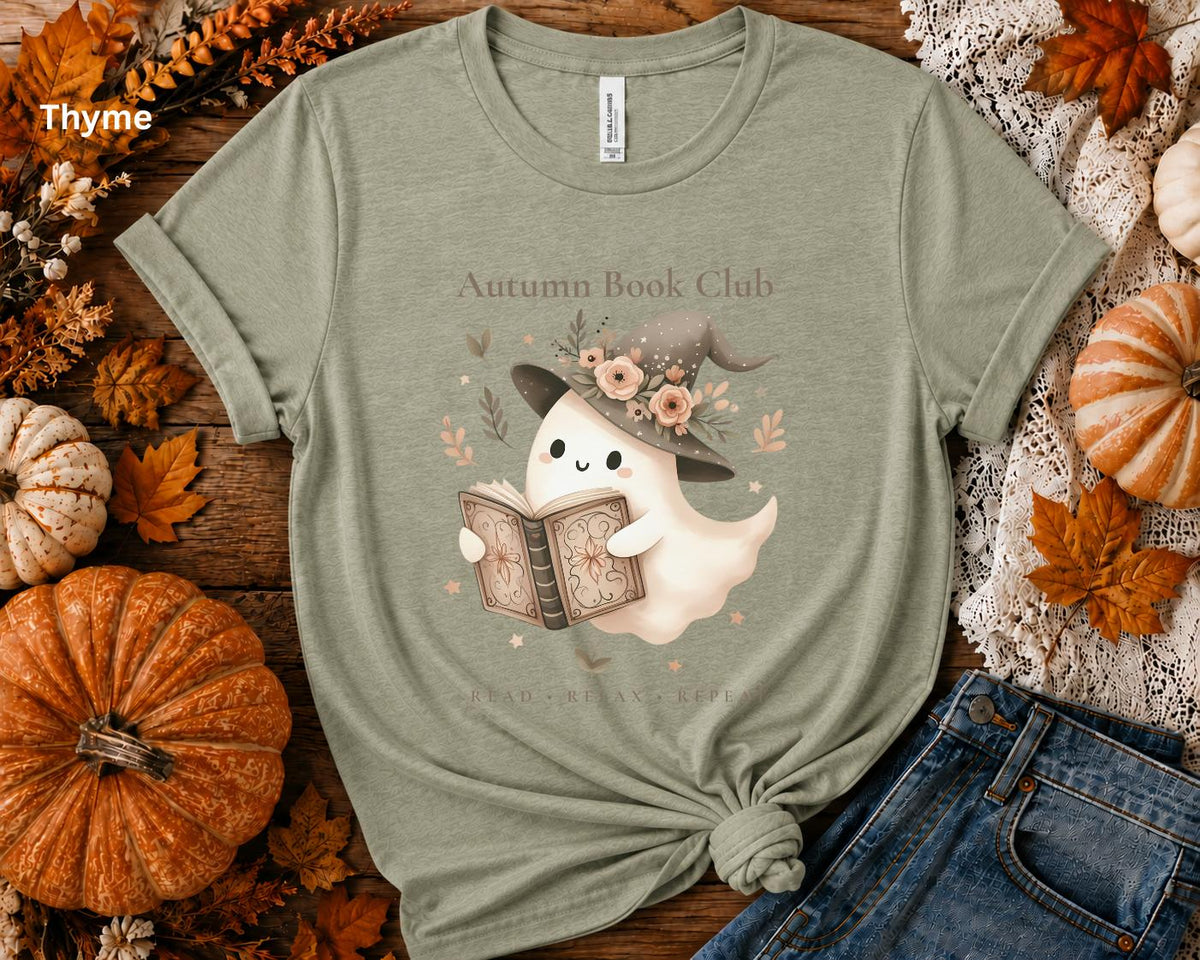Autumn Book Club Shirt, Ghost Book Lover Tee, Cute Reading Shirt, Floral Halloween Tee, Bookish Fall T-Shirt, Spooky Season Reader Gift