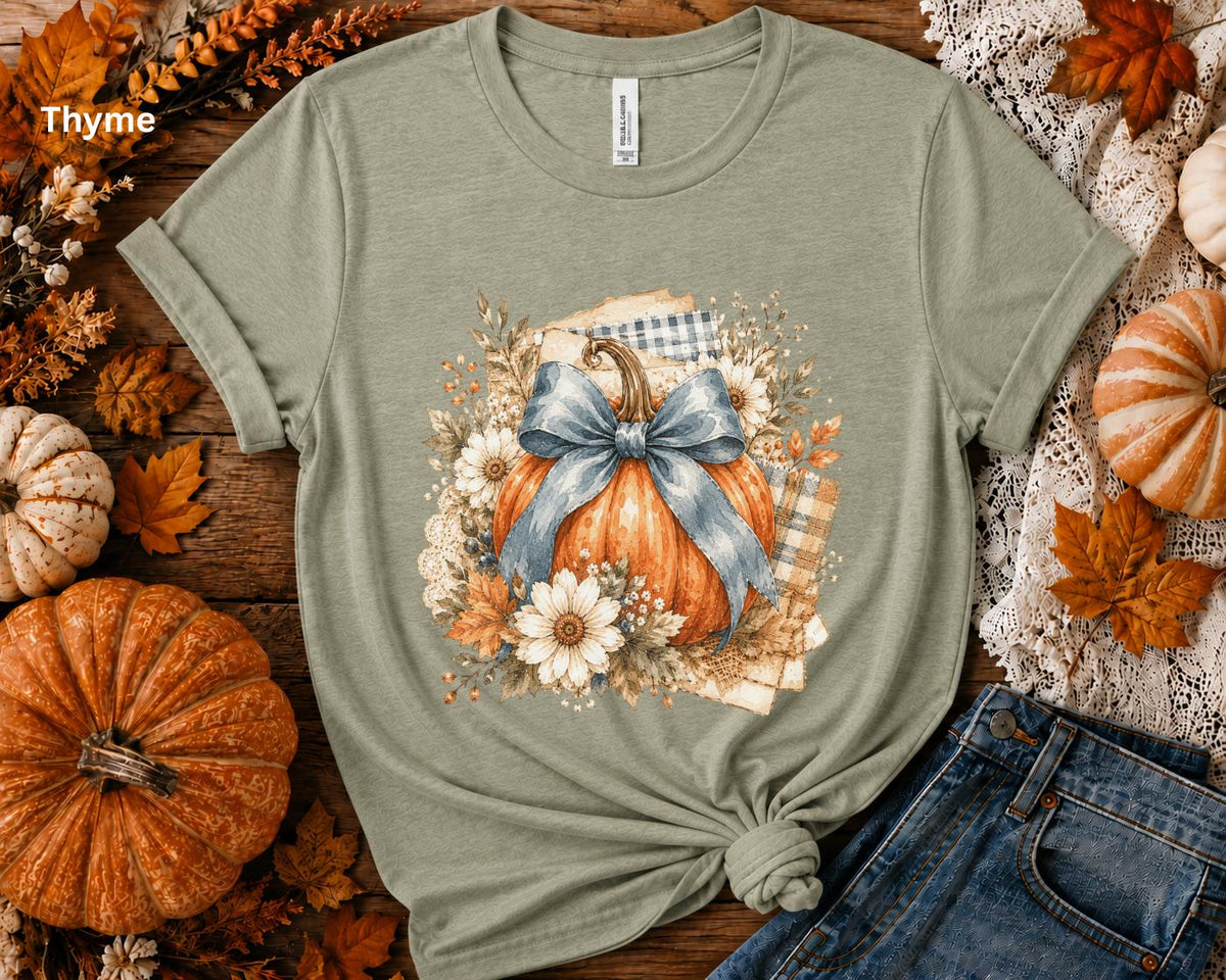 Blue Bow Pumpkin T-Shirt, Coquette Fall Tee, Floral Pumpkin Shirt, Cute Autumn Graphic Tee, Pumpkin Patch Shirt, Women's Thanksgiving Shirt